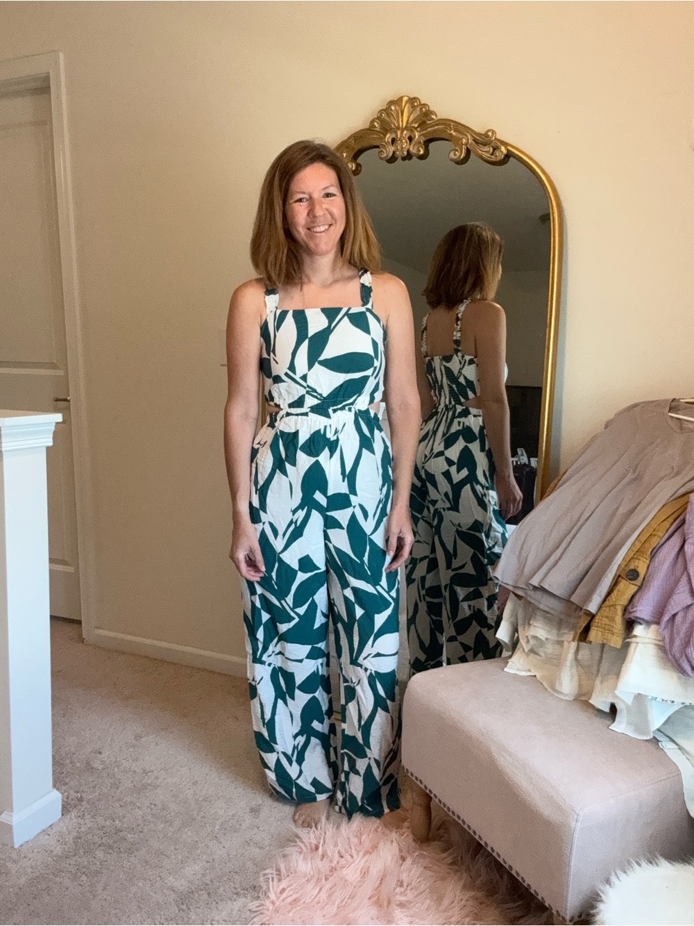 Maurices Women’s Green Leaf Print Wide-Leg side cut out cropped Jumpsuit